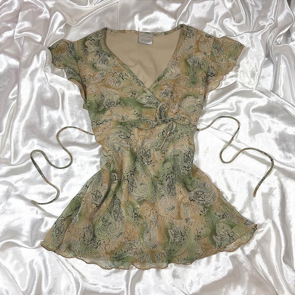 Vintage Tailor B Moss Blouse Green Excellent Sheer Paisley Wrap Tie Front Top